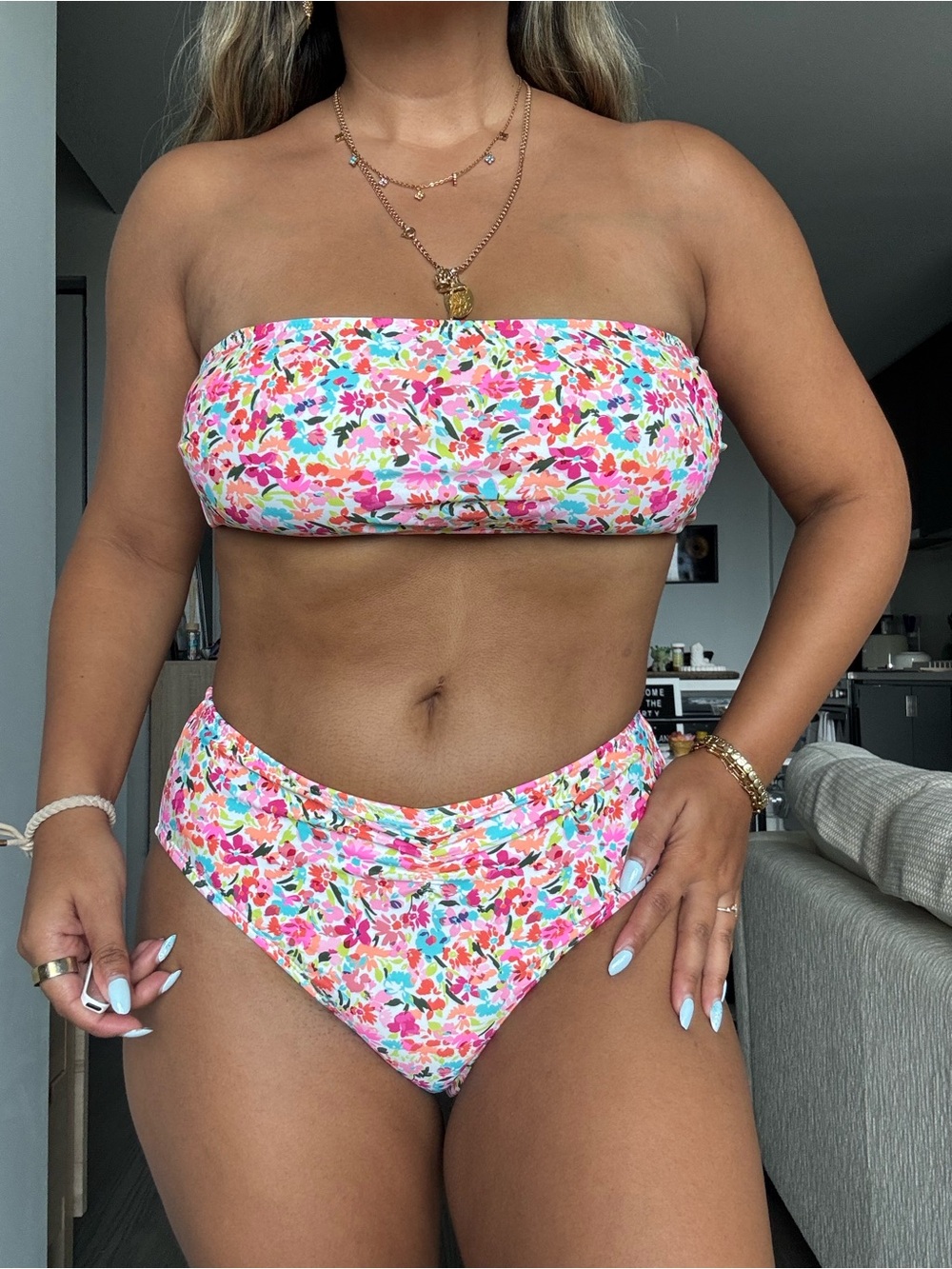 Floral Bandeau High-Waist Bikini - Pink Multi